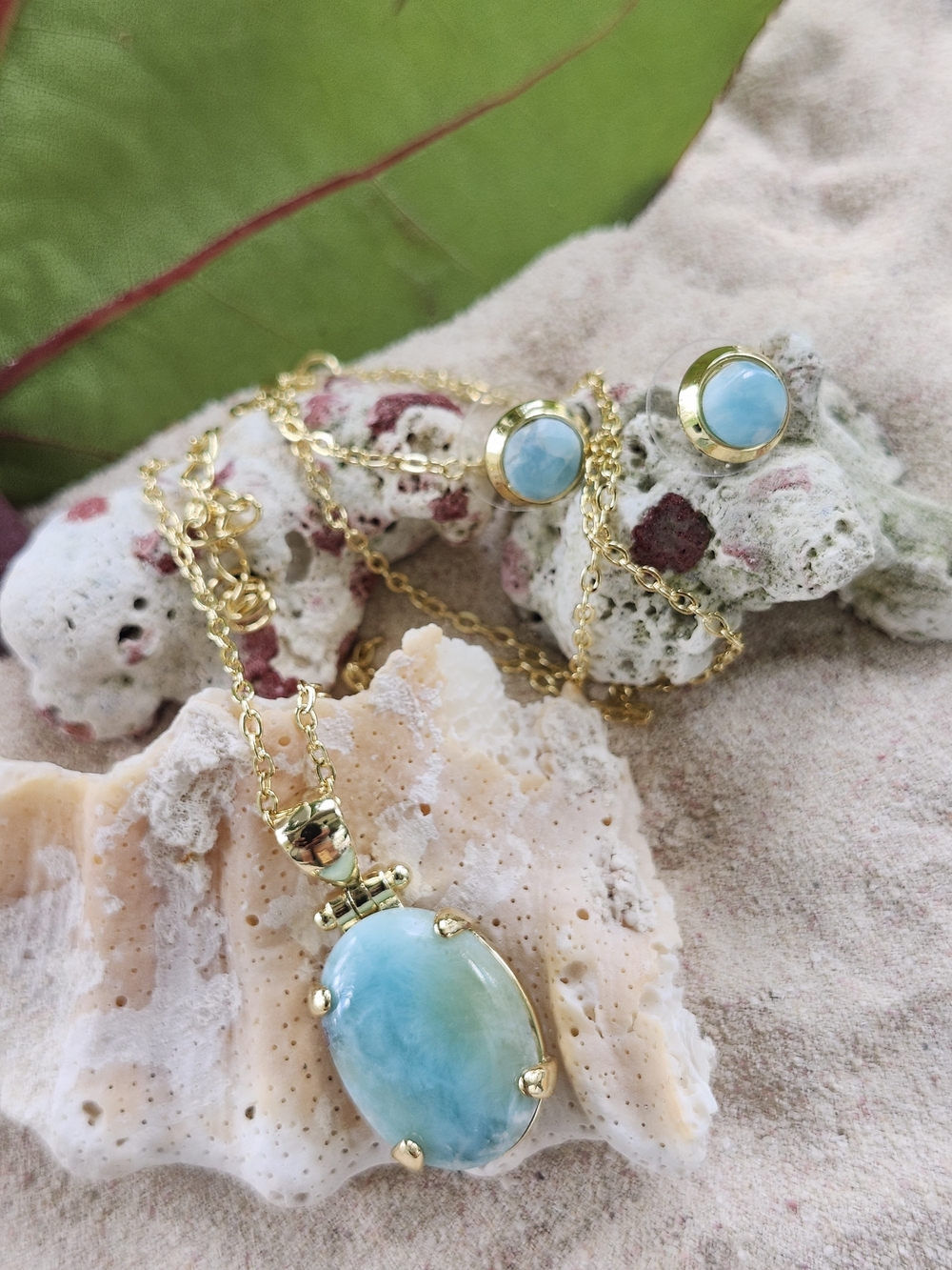Gold Larimar Pendant Necklace and Stud Earrings Set - Blue